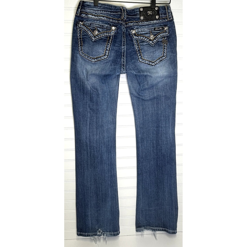Miss Me Y2K Grunge Rhinestone Flap Pocket Bootcut Jeans Blue Denim Size 30 - Picture 4 of 16